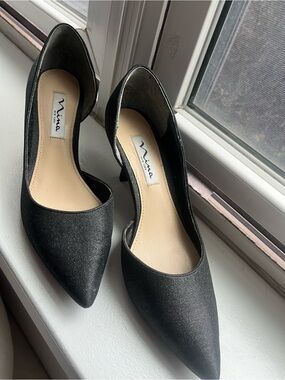 Nina Black Satin Pointed-Toe D'Orsay Pumps | 6.5